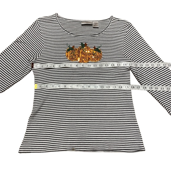 Draper’s & Damon’s Sequin Pumpkin Top Three Quarter Sleeve Shirt Stripes Autumn - Picture 3 of 11